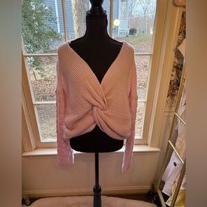 Mauve Pink Deep V Neckline Sweater Large Twist Front